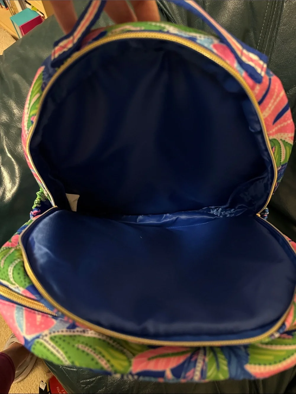 Tropical Leaf Print Backpack in Blue and Pink